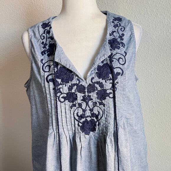 Roaman's Pintuck Embroidered Chambray Sun Dress Women's 16 Cotton Tasseled - Picture 2 of 7